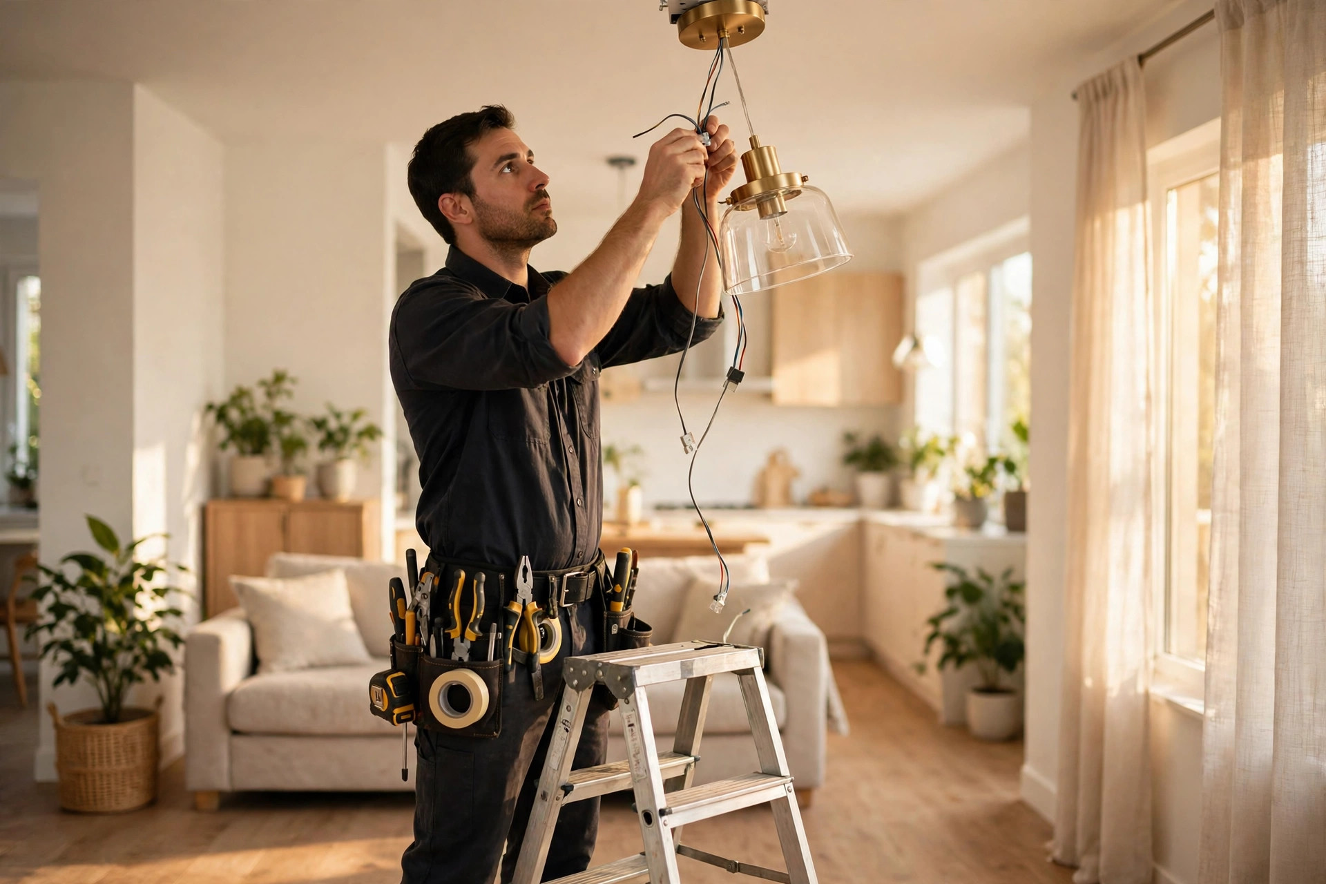 Electrician installing a light fixture