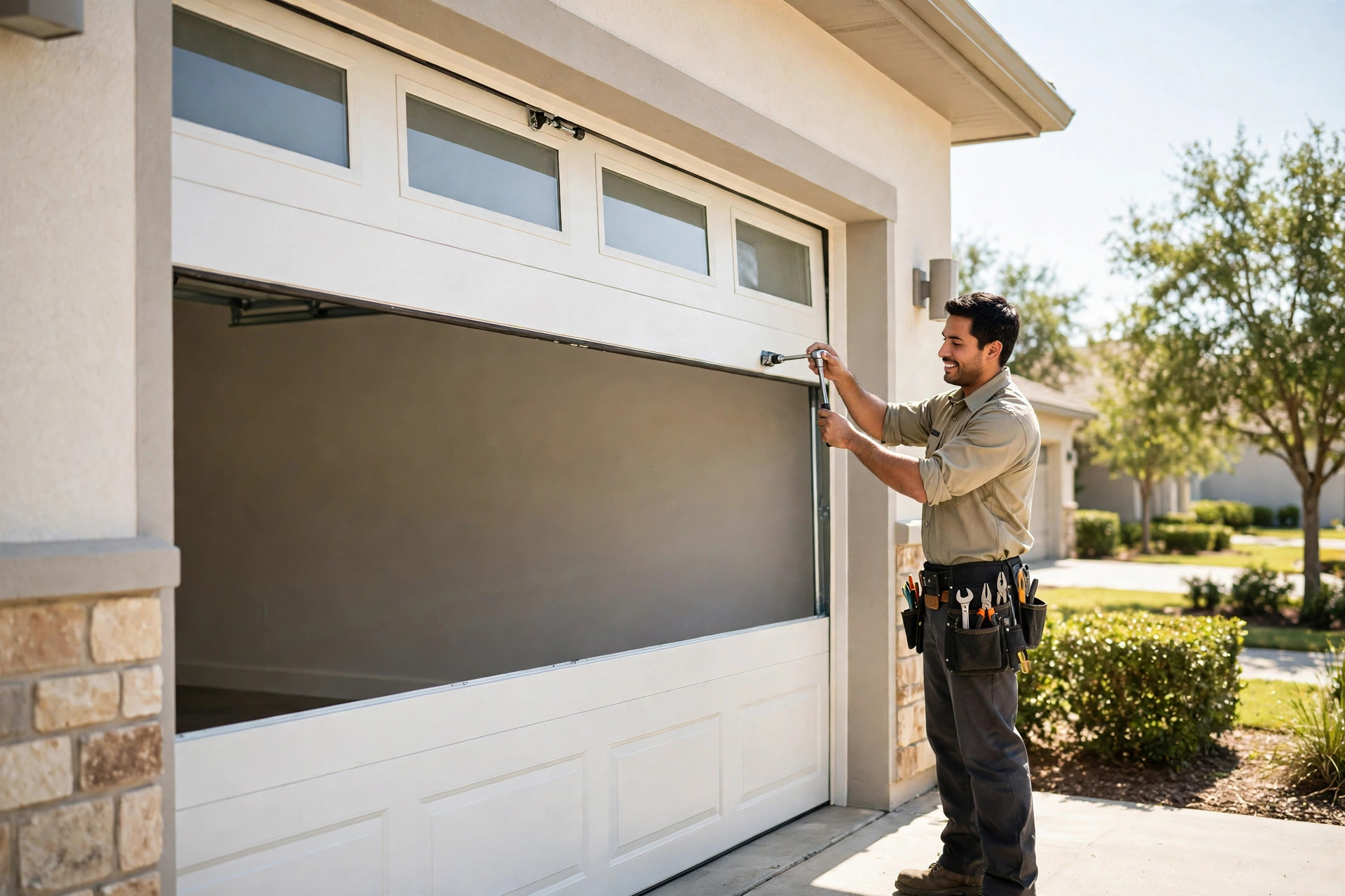 Technician repairing a garage door