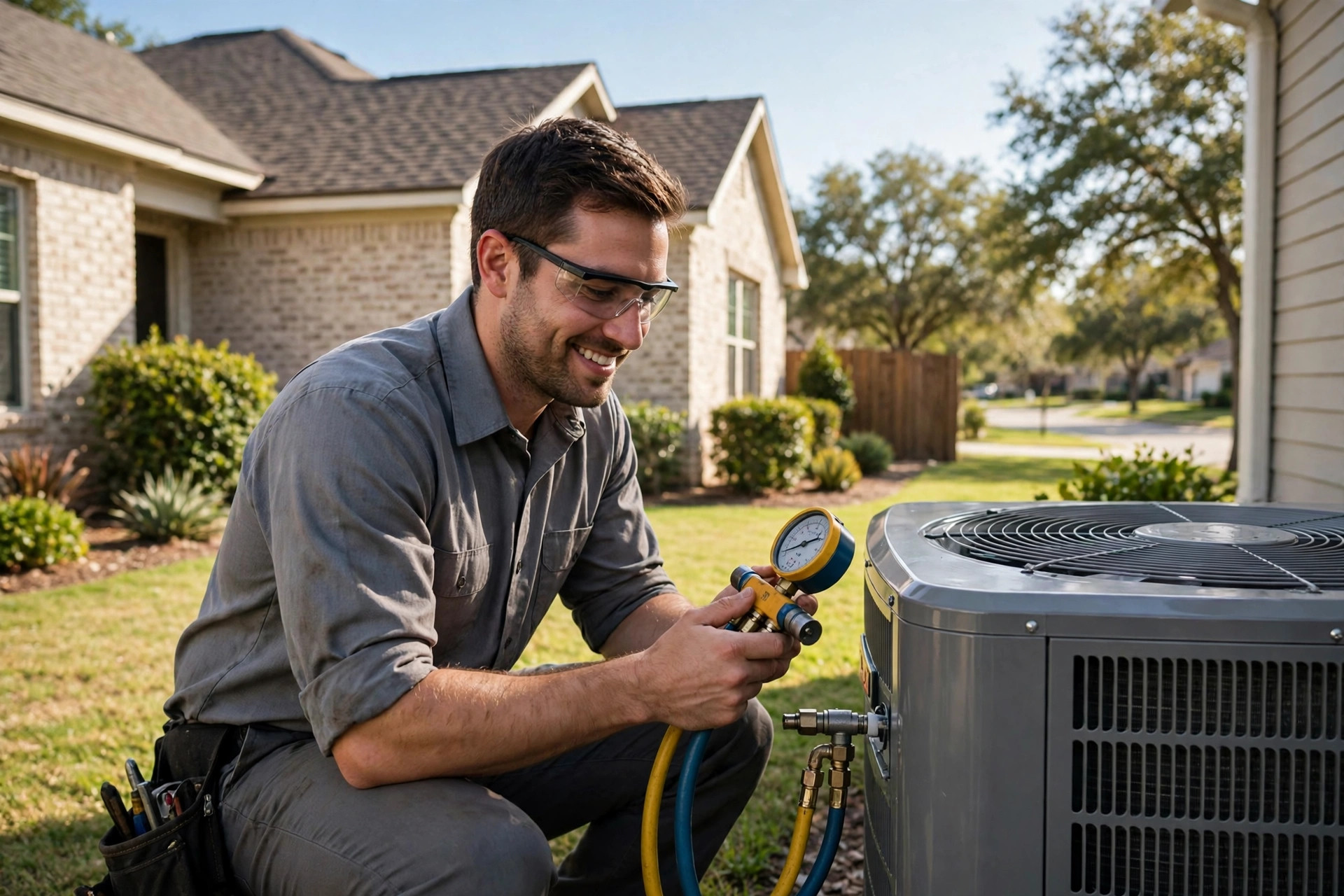 HVAC technician servicing an outdoor air conditioning unit