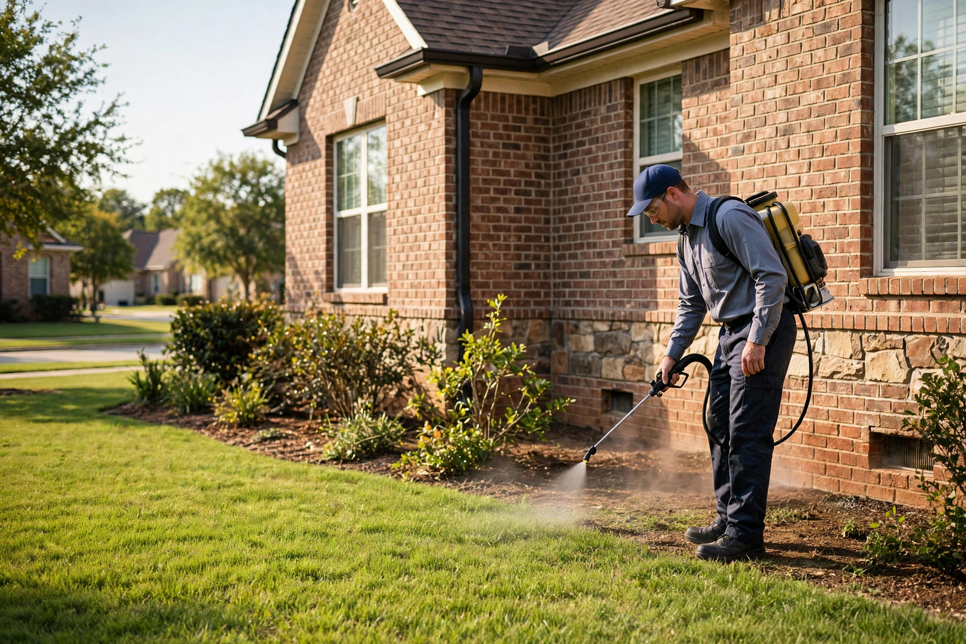 Pest control technician treating a home exterior